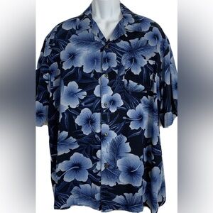 George EUC Rayon Hawaiian Aloha Button Up Shirt Blue Tropical Floral